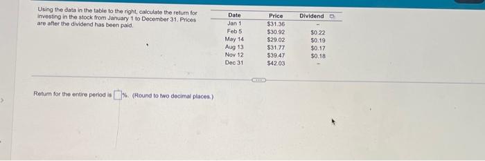  Using the data in the table to the right, calculate the