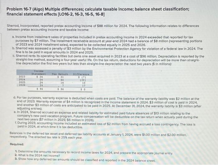 PLEASE HELP Problem 16-7 (Algo) Multiple differences; calculate taxable Income; balance sheet