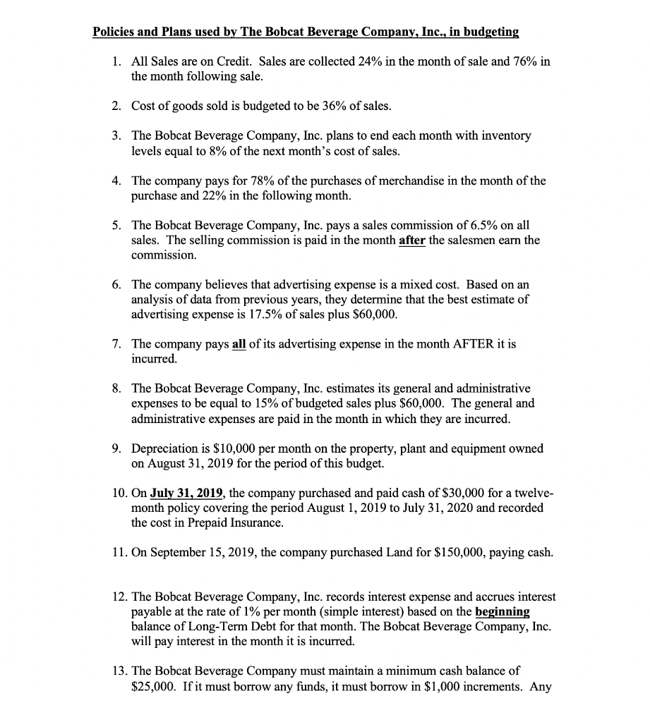 Inc. Comprehensive Budgeting Problem The assignment for this problem is to prepare