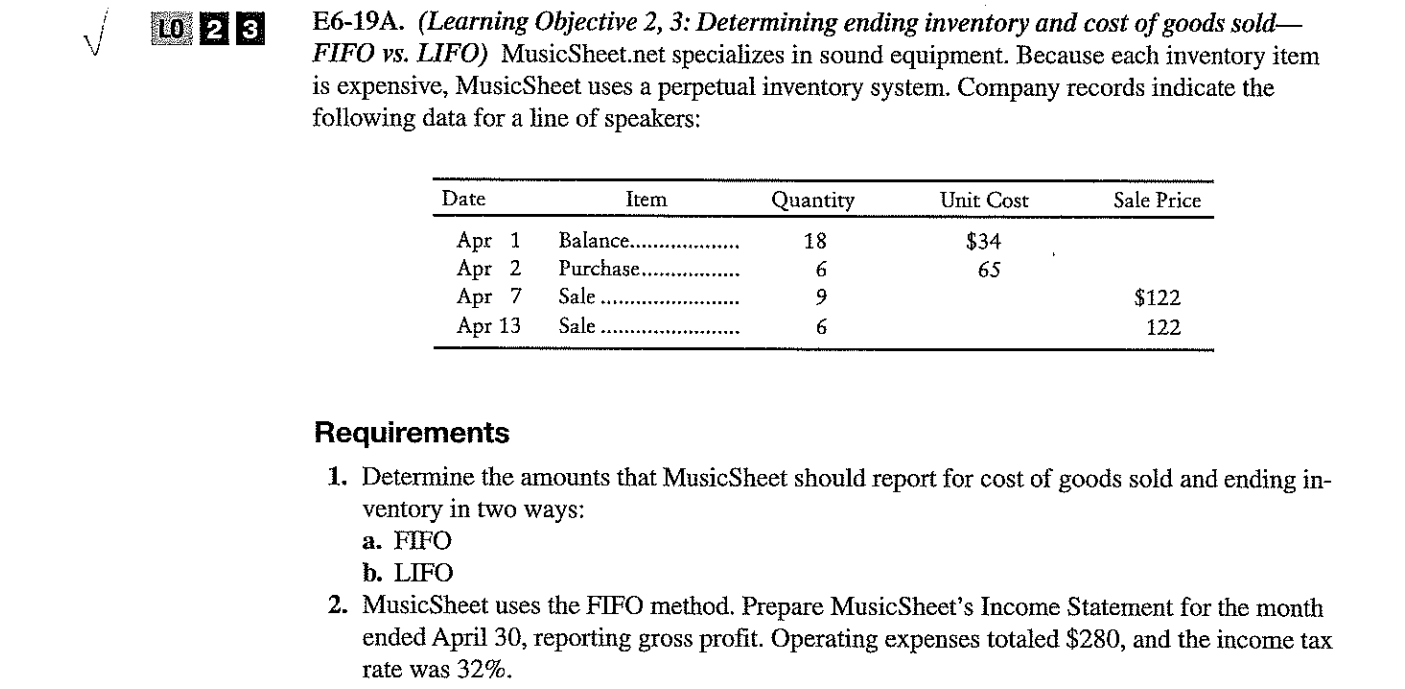 ME LO 2/3 E6-19A. (Learning Objective 2, 3: Determining ending inventory
