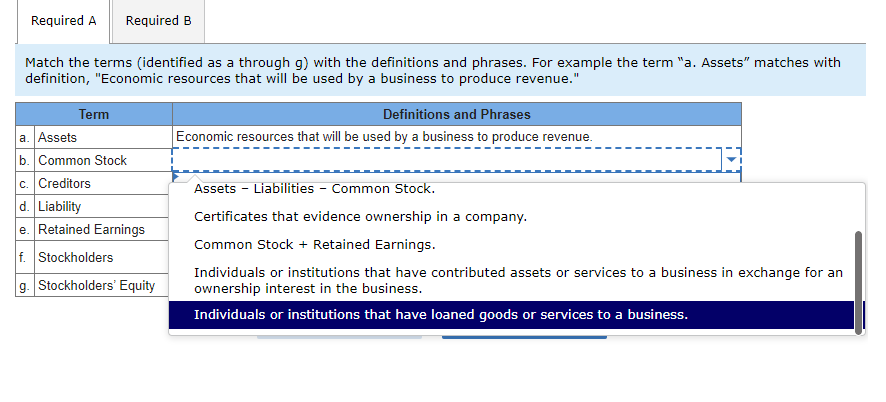 and phrases. For example, the term a. Assets matches with definition, "Economic