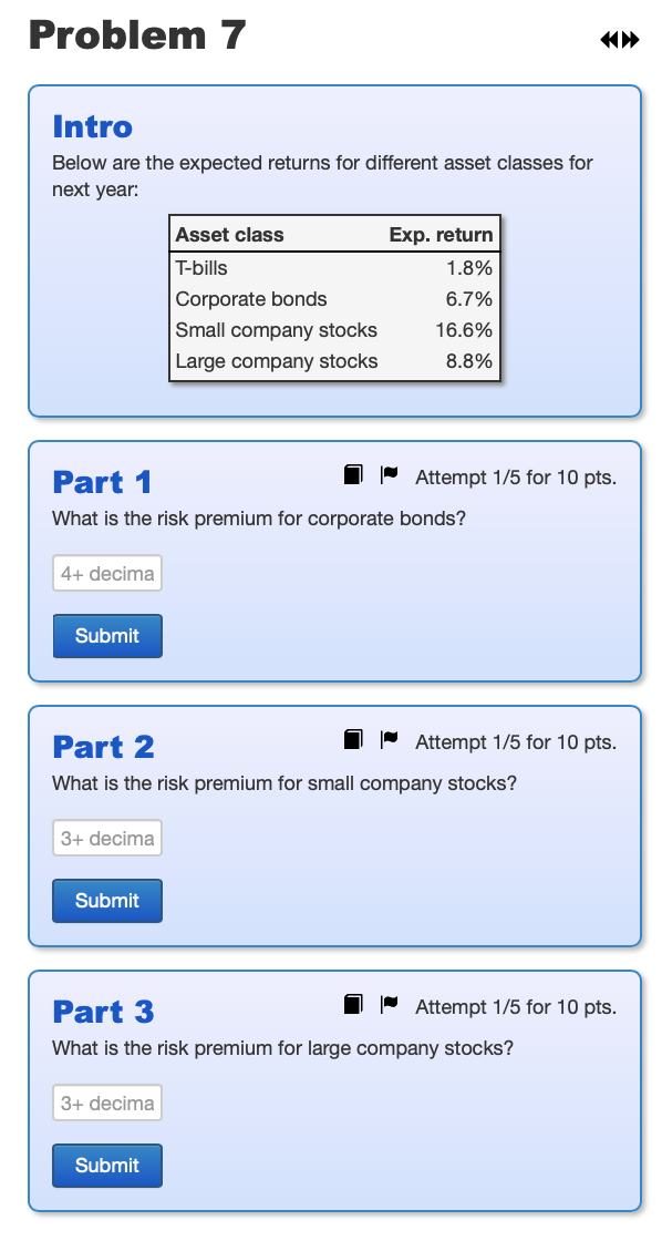  Problem 7 Intro Below are the expected returns for different asset