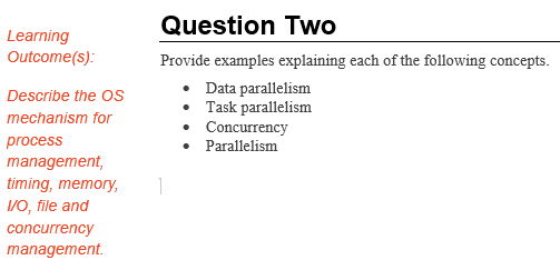  Learning Outcome(s): Question Two Provide examples explaining each of the following