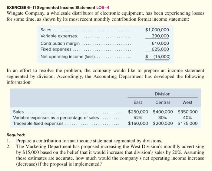  please solve in excell EXERCISE 6-11 Segmented Income Statement LO6-4 Wingate