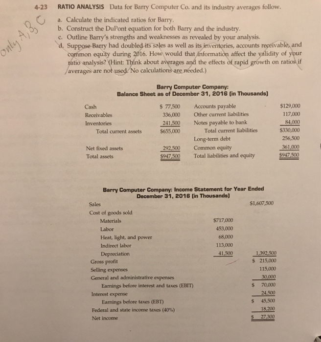  RATIO ANALYSIS Data for Barry Computer Co. and its industry averages