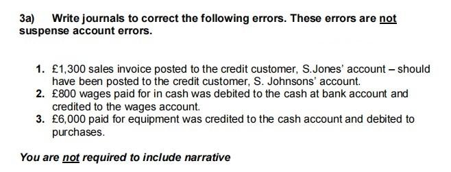 3a) Write journals to correct the following errors. These errors are