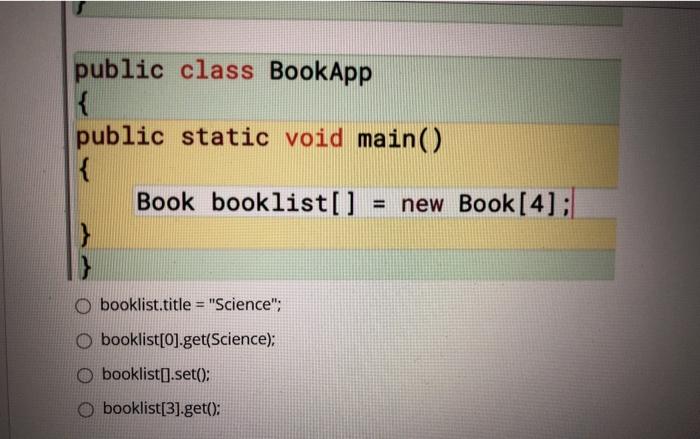 Book { private String title; public void set(String t) {title = t;}