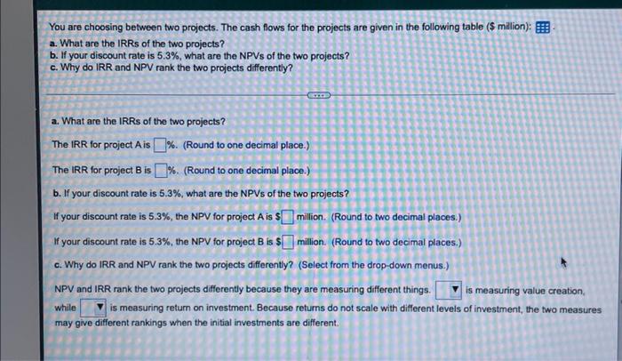  You are choosing between two projects. The cash flows for the