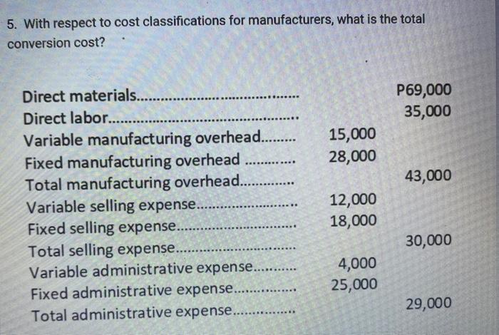 show your solution 5. With respect to cost classifications for manufacturers, what