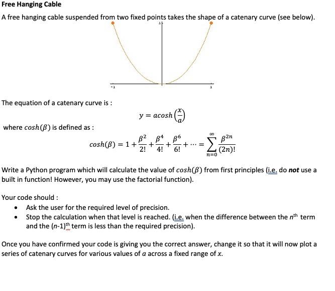 cable suspended from two fixed points takes the shape of a catenary