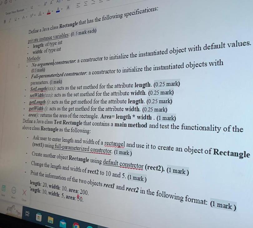  Define a Jara class Rectangle that has the following specifications: private