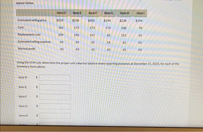  appear below. Using the LCM rule, determine the proper unit value