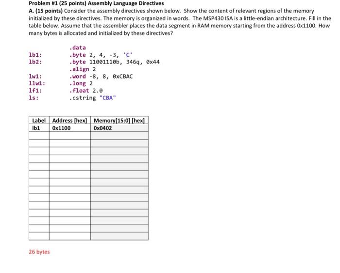  Problem #1 (25 points) Assembly Language Directives A. (15 points) Consider