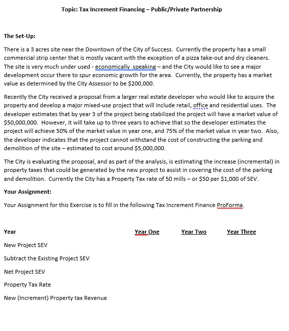Topic: Tax Increment Financing - Public/Private Partnership The Set-Up: There is