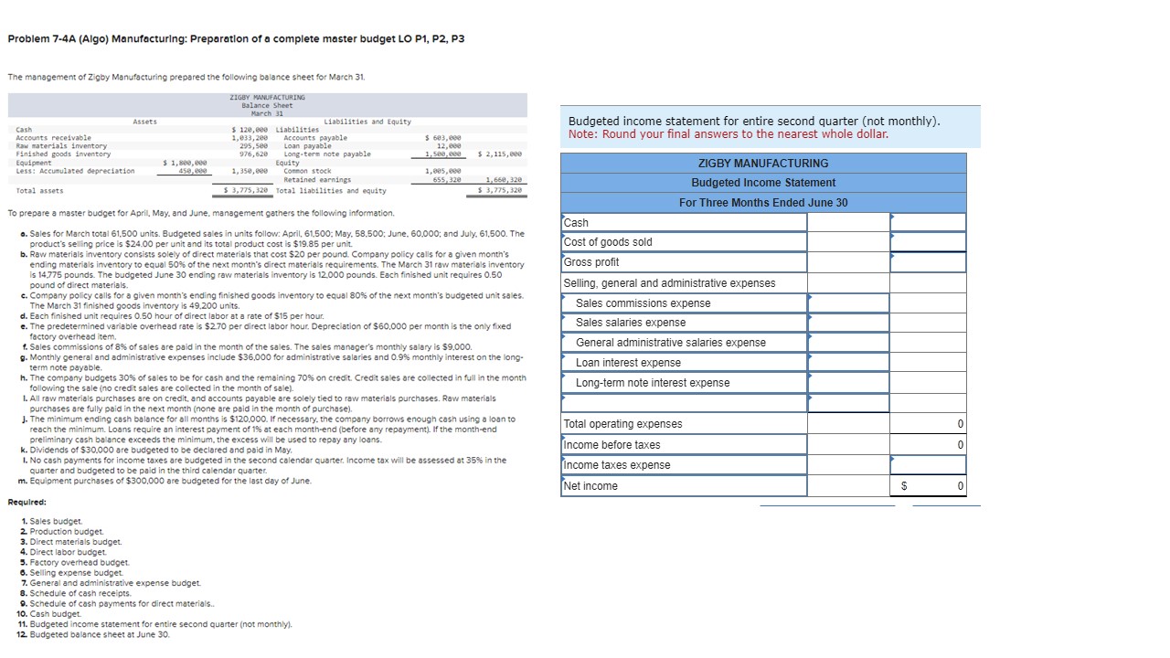  Problem 7-4A (Algo) Manufacturing: Preparation of a complete master budget LO