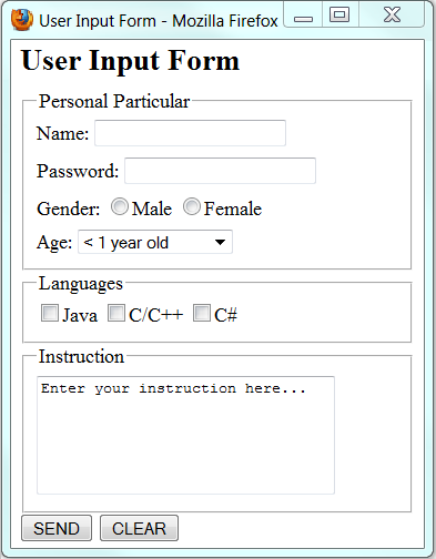 Please provide the HTML code for this form (ONLY IN HTML) User