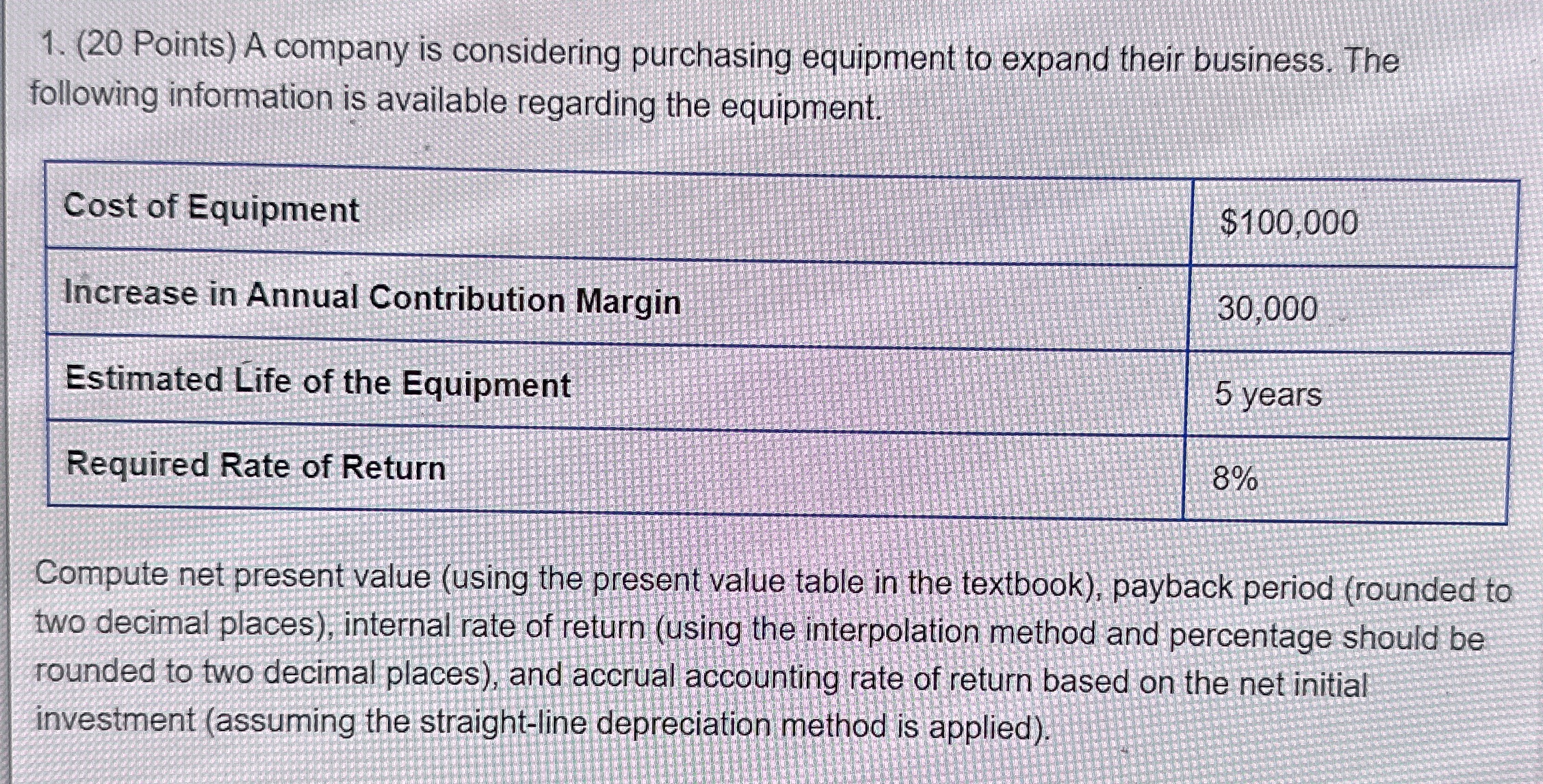  (20 Points) A company is considering purchasing equipment to expand their