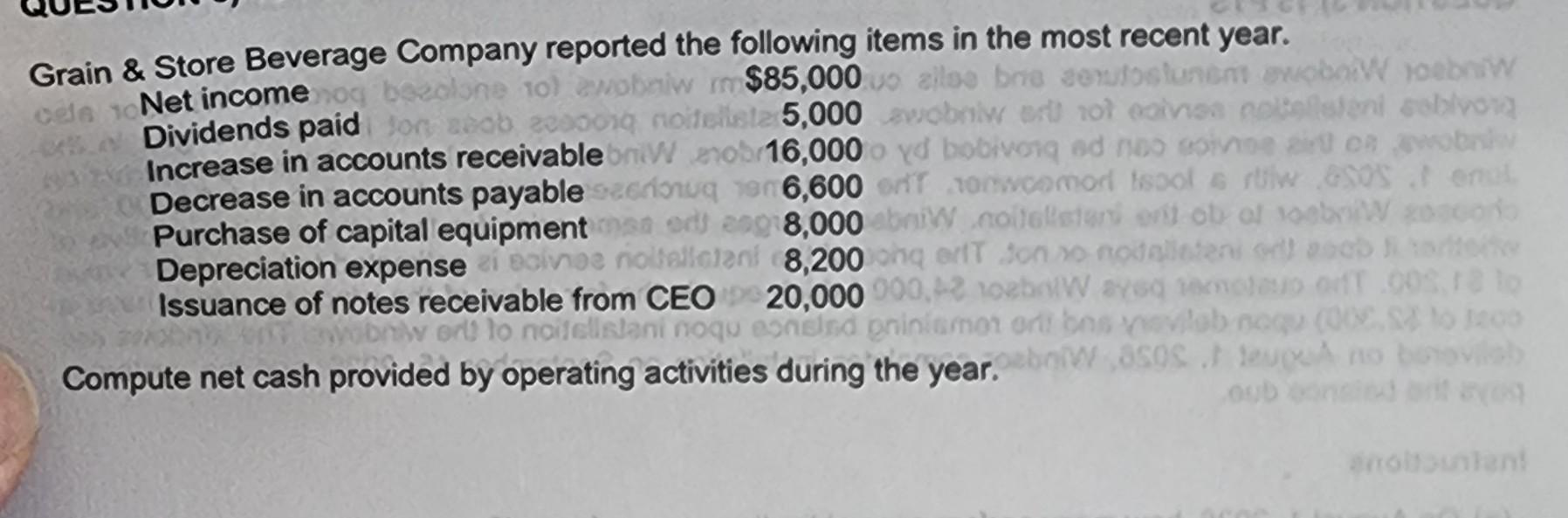 please help Compute net cash provided by operating activities during the