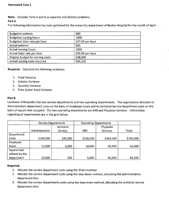 Part A and Part B Homework Case 1 Note: Consider Parts A