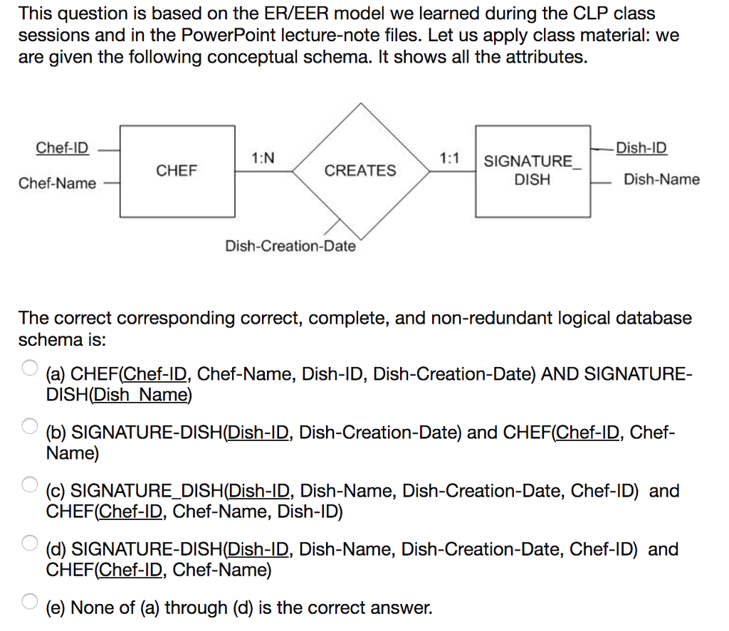 Database Design Multiple Choice This question is based on the ER/EER model