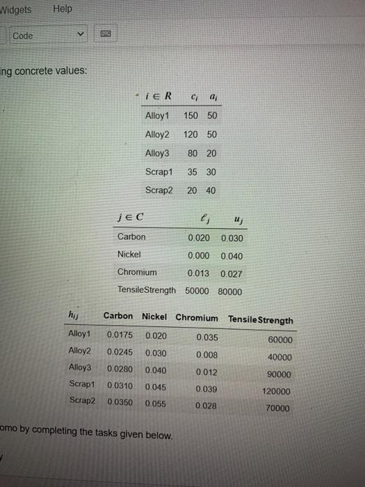 Widgets Help Code ing concrete values: TER a Alloy 1 150