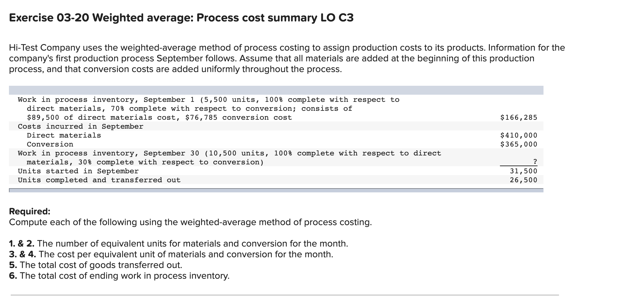  Exercise 03-20 Weighted average: Process cost summary LO C3 Hi-Test Company