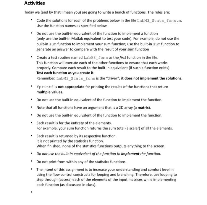 code with Matlab please Activities Today we (and by that I mean