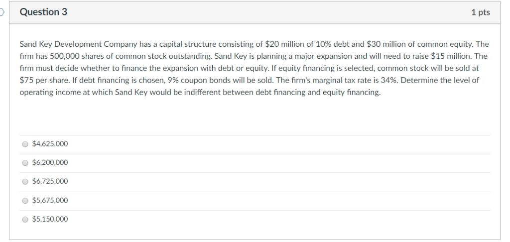 Question 3 1 pts Sand Key Development Company has a capital