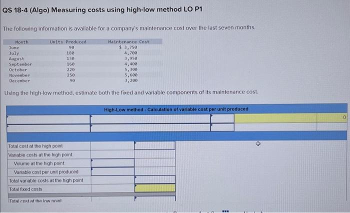  QS 18-4 (Algo) Measuring costs using high-low method LO P1 The