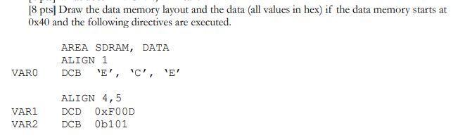  [8 pts] Draw the data memory layout and the data (all
