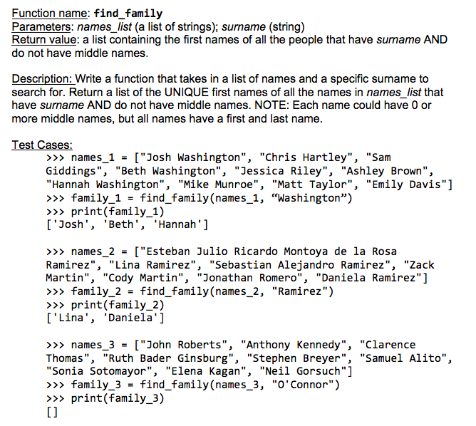  Language is Python 3.6 Function name: find_family Parameters: names_list (a list