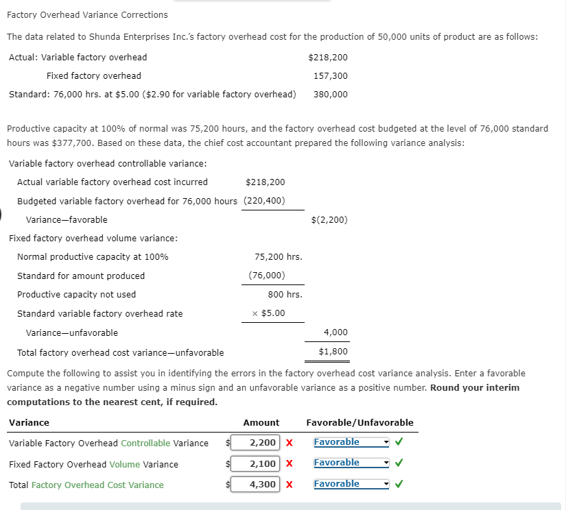  eBook Question Content Area Factory Overhead Variance Corrections The data related