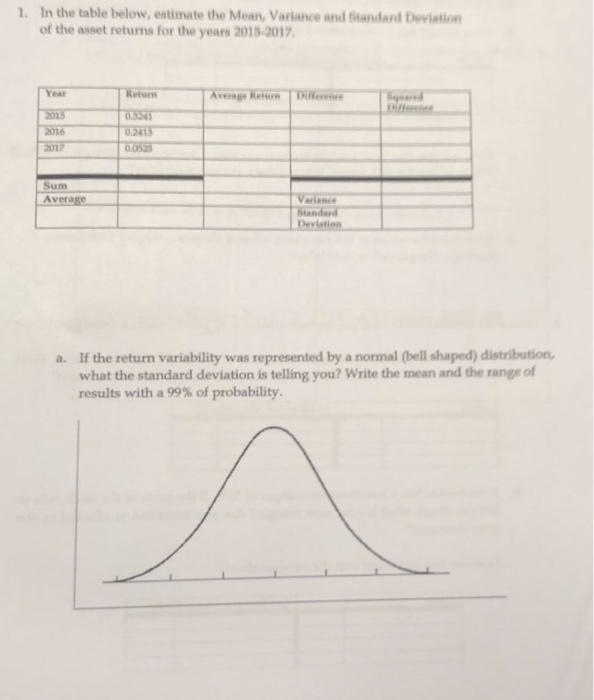  1. In the table below, estimate the Mean, Variance and Standard