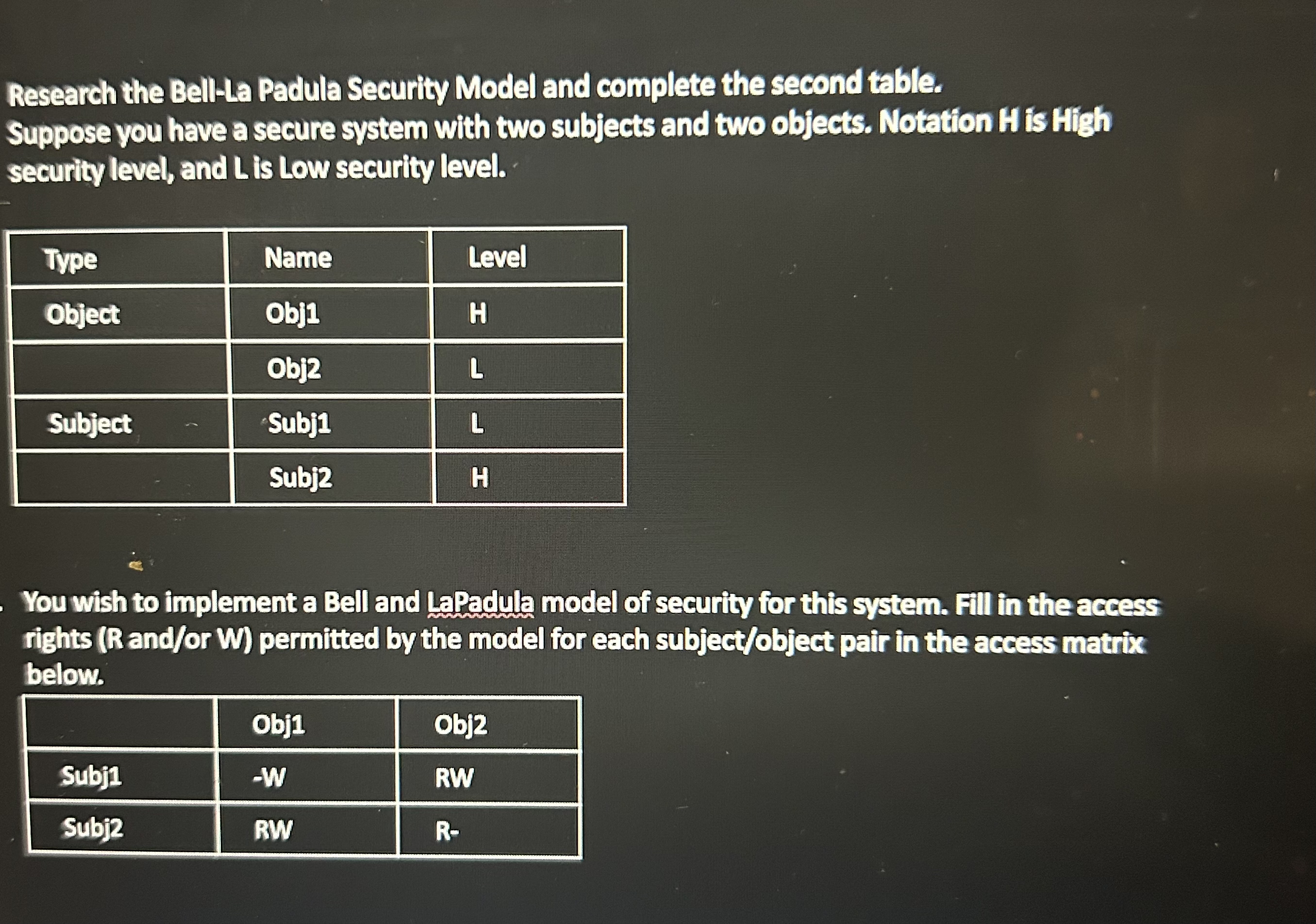  Research the Bell-La Padula Security Model and complete the second table.