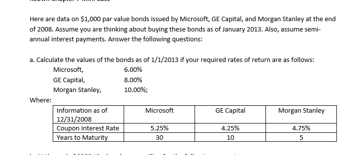 Here are data on $1,000 par value bonds issued by Microsoft,