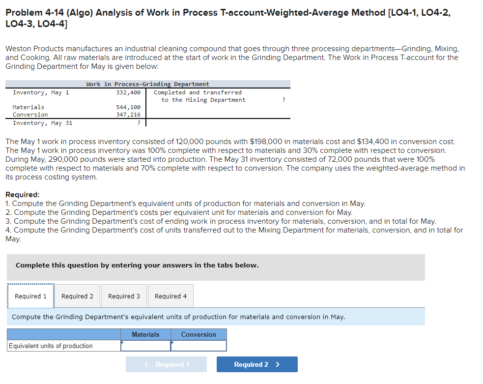  Problem 4-14(Algo) Analysis of Work in Process T-account-Weighted-Average Method [LO4-1, LO4-2,