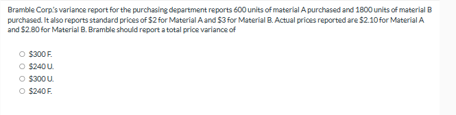 Bramble Corp's variance report for the purchasing department reports 600 units