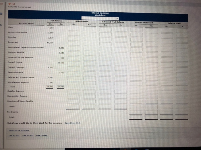 columns of the worksheet for Oriole Roofing at March 31, 2020, are