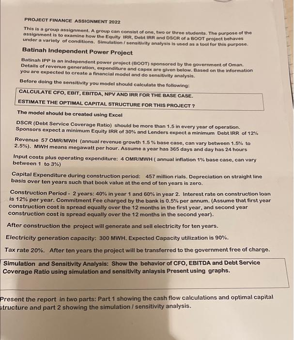  PROJECT FINANCE ASSIGNMENT 2022 This is a group assignment. A group