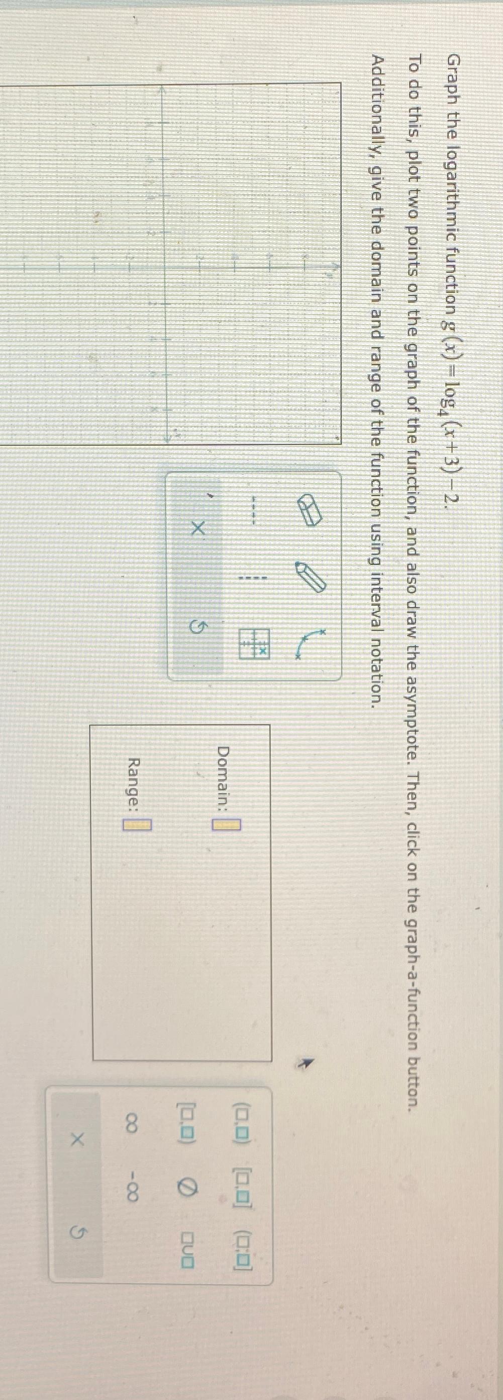  Graph the logarithmic function g(x)=log4(x+3)-2. To do this, plot two points