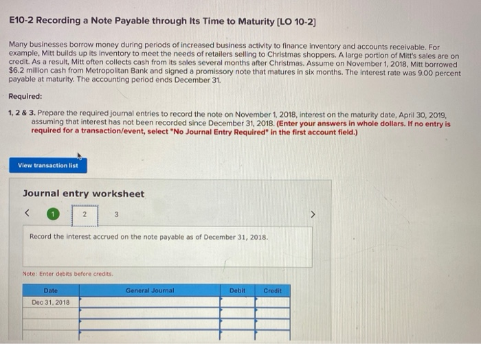  E10-2 Recording a Note Payable through Its Time to Maturity [LO