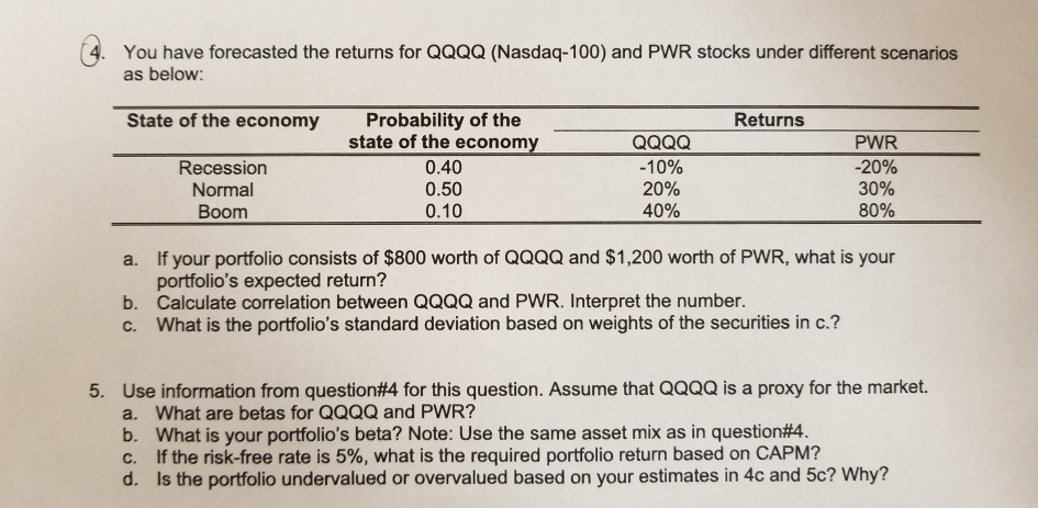 Please show work . You have forecasted the returns for aQaQ
