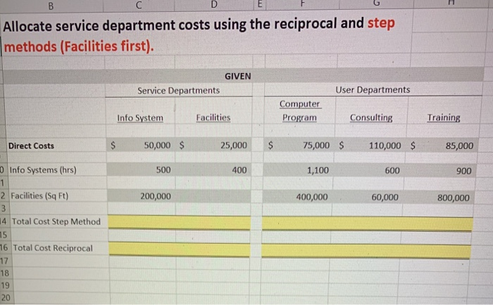 ease provide steps in an excel worksheet D E C Allocate service