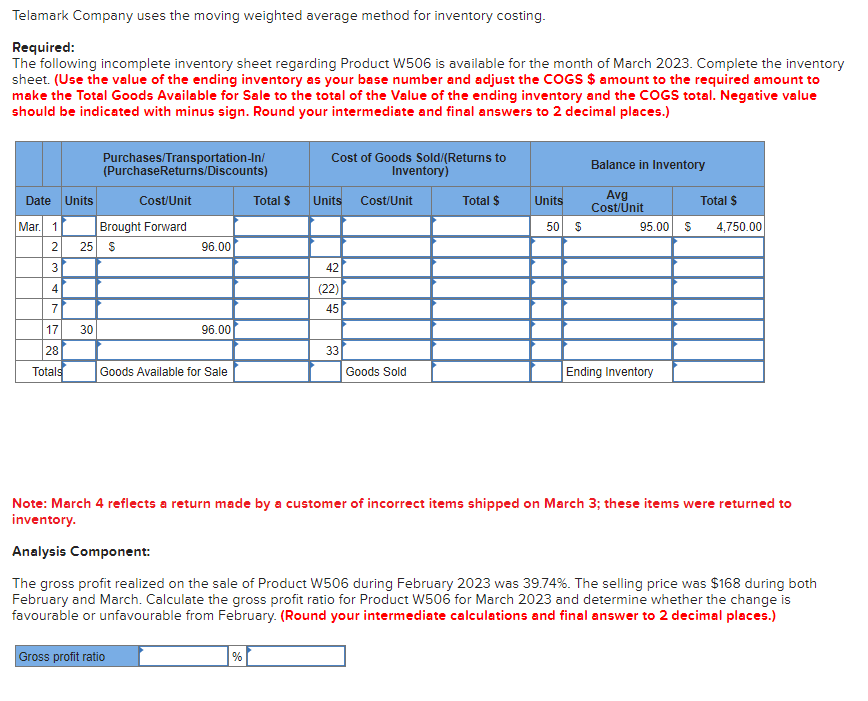  Telamark Company uses the moving weighted average method for inventory costing.