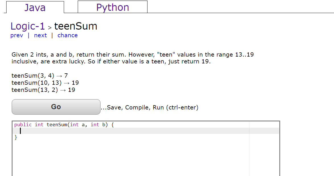 Java Python Logic-1 > teenSum prev next | chance Given 2