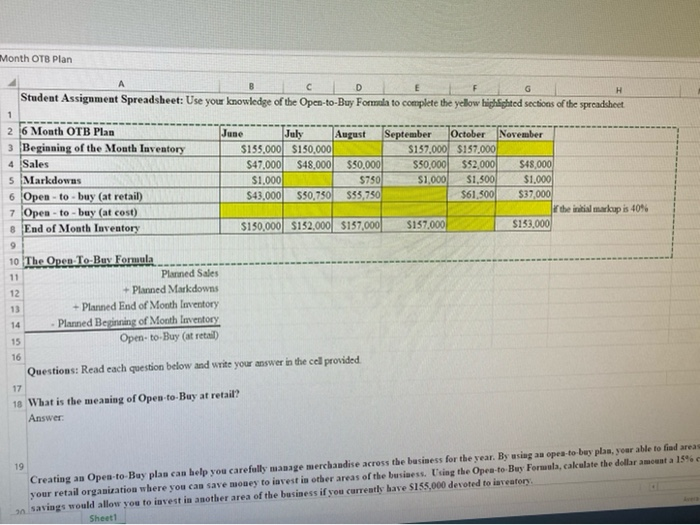  Month OTB Plan H D E Student Assignment Spreadsheet: Use your