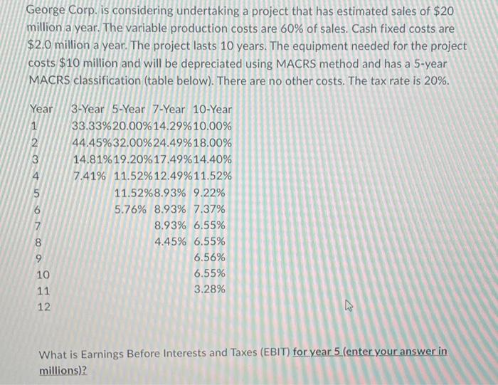 q7 George Corp. is considering undertaking a project that has estimated sales