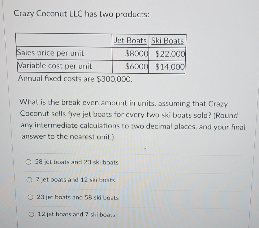  Crazy Coconut LLC has two products: \table[[, Jet Boats ?(),Ski Boats],[Sales