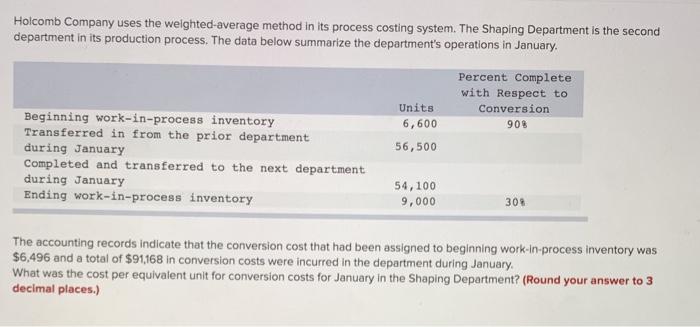  Holcomb Company uses the weighted average method in its process costing