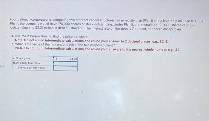 Foundation, Incorporated, is comparing two different capital structure is, and all equity